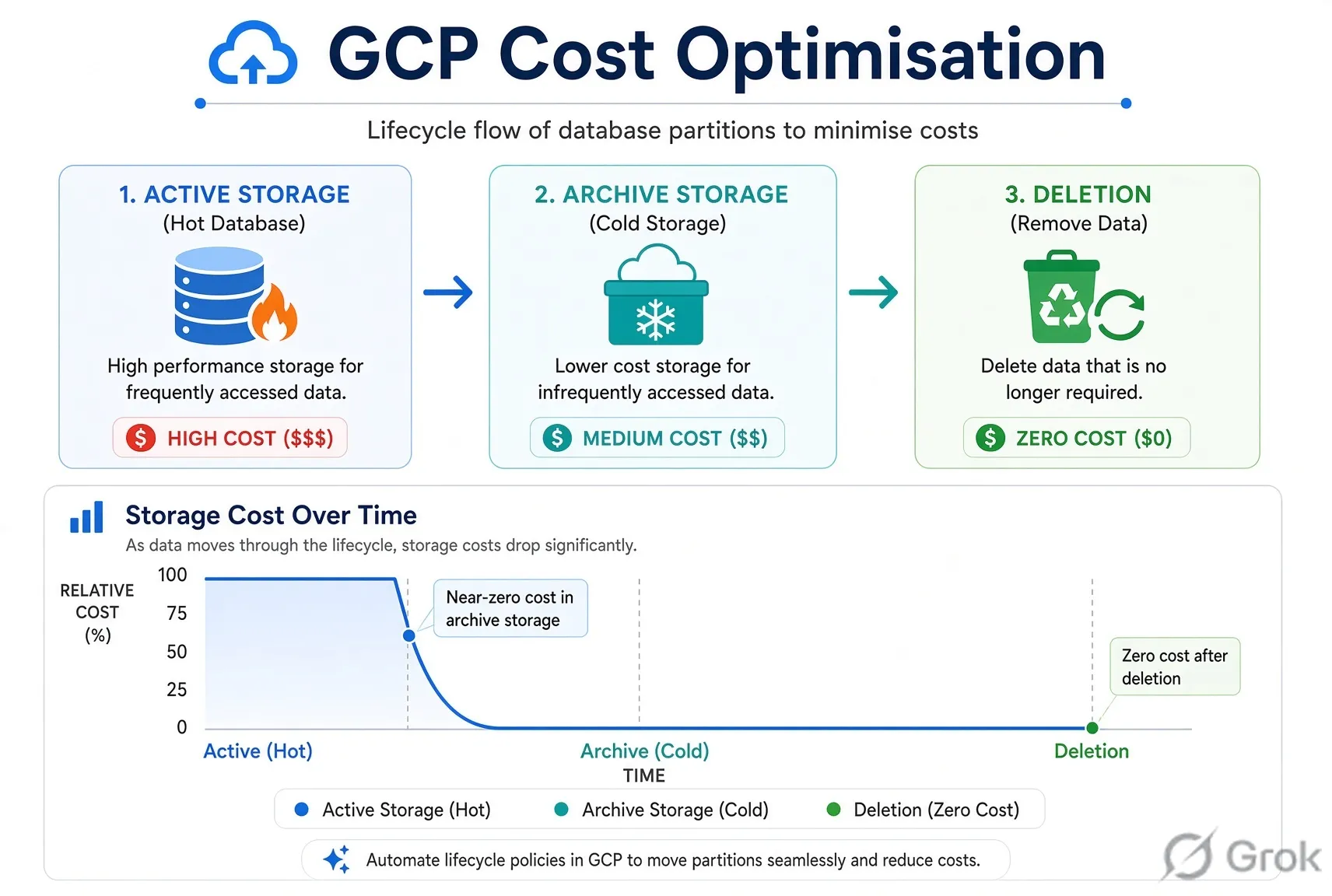 GCP Database & Logging Cost Optimisation - A production cost-control initiative using monthly Cloud SQL PostgreSQL partitions, historical-data archival, partition-based retention, and focused Cloud Logging to constrain recurring storage and logging cost growth.