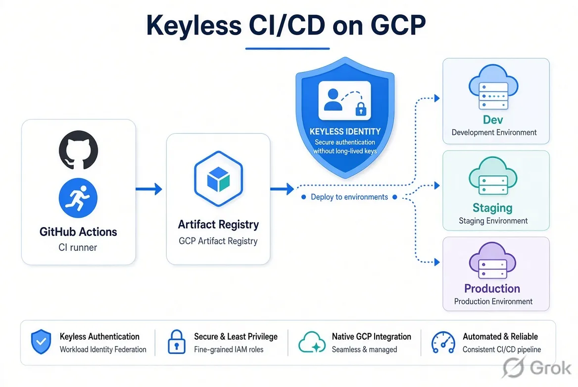Keyless Multi-Environment CI/CD on GCP - Build once to Artifact Registry for GKE and Cloud Run, promote the same image through dev/staging/prod, coordinate Firebase artifacts under the same release, and replace JSON keys with Workload Identity Federation.